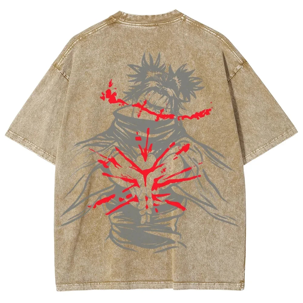 A vintage washed Jujutsu Kaisen CHOSO T-shirt in a Harajuku street style for men and women.