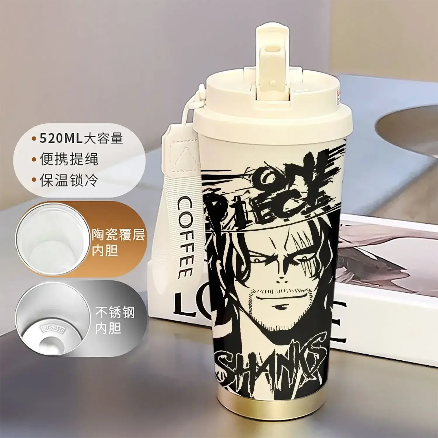 A 520ml One Piece Thermos Cup featuring anime figures Luffy and Zoro, designed as a large capacity coffee travel mug with a straw for outdoor sports.