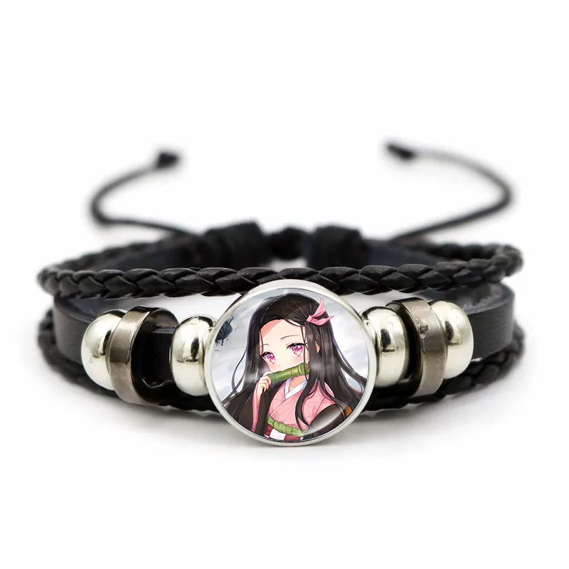 A woven leather Demon Slayer Bracelet featuring a glass art photo charm of Tanjiro Kamado and Nezuko, designed as an anime accessory for fans.