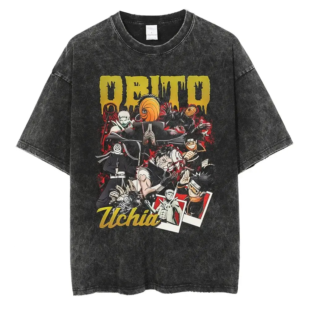 A man wearing the vintage black Japanese Anime Naruto Print T Shirt in a Harajuku hip hop streetwear style.