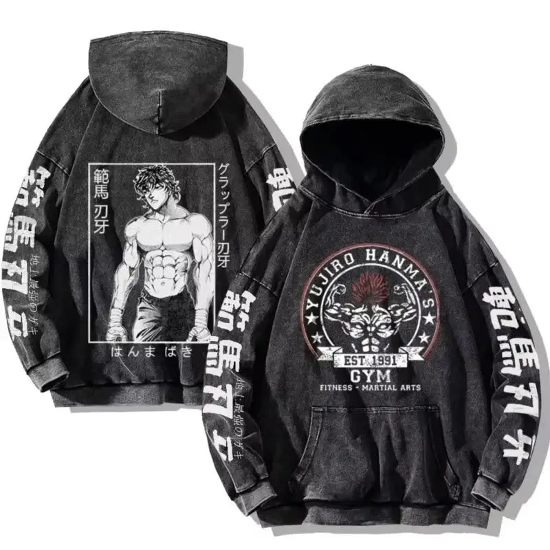 A plus-size Baki Hanma Anime Print Hoodie in a vintage washed cotton Harajuku streetwear style for men and women.