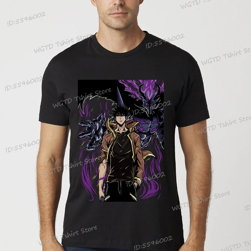 A vintage black Solo Leveling Anime T-Shirt featuring a funny Sung Jinwoo graphic print, available in sizes S to 4XL for men and women.