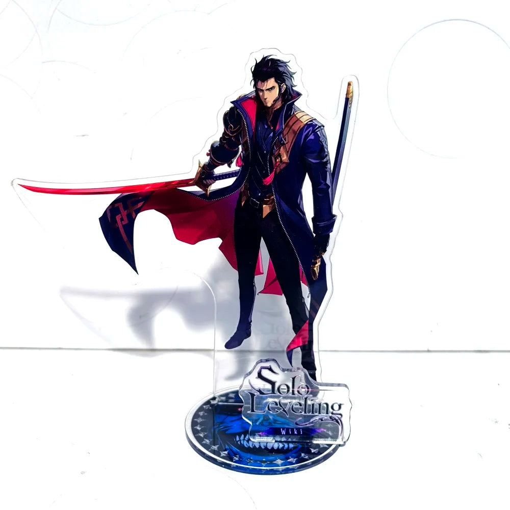A high-definition 15cm Solo Leveling Acrylic Stand featuring Sung Jinwoo, Sung Jin Ah, and Yoo Jin Ho anime action figures for desk decoration.