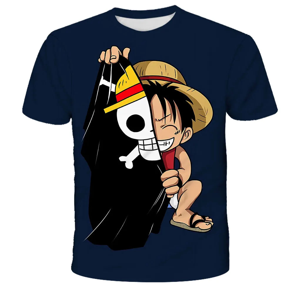 A loose-fit One Piece Luffy T-shirt featuring a cool cartoon Monkey D. Luffy graphic, designed for boys and men as casual anime streetwear.