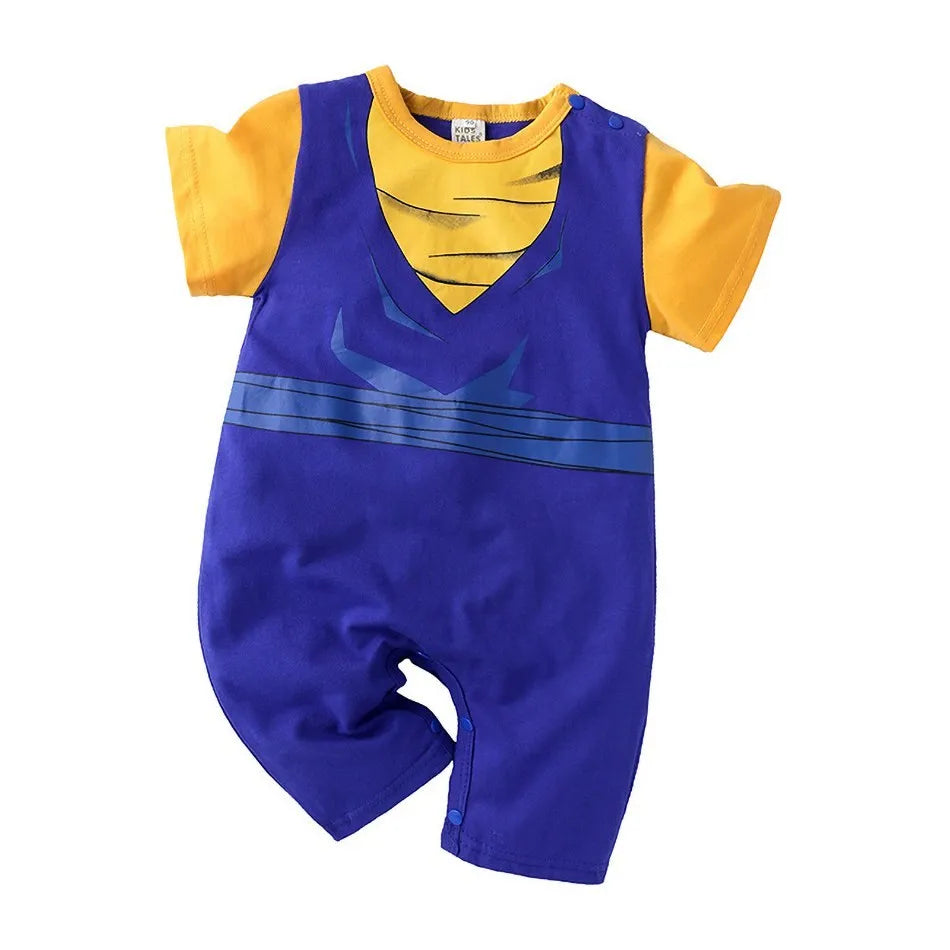 A newborn infant wearing the Baby Anime Costume, a cosplay jumpsuit available in Luffy, Akatsuki, and Vegeta styles.