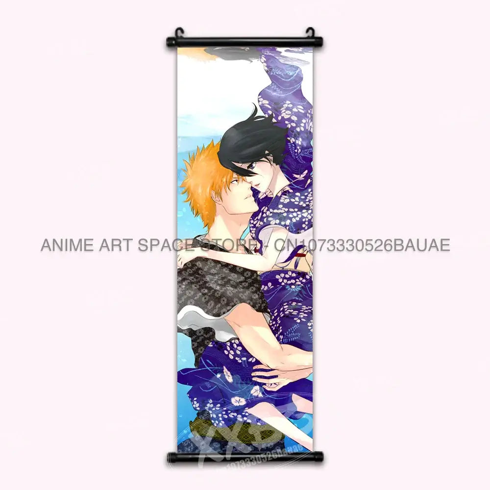 High-quality Bleach Anime Posters Japanese hanging scroll featuring Kurosaki Ichigo and Kuchiki Rukia printed on durable canvas for home decor.