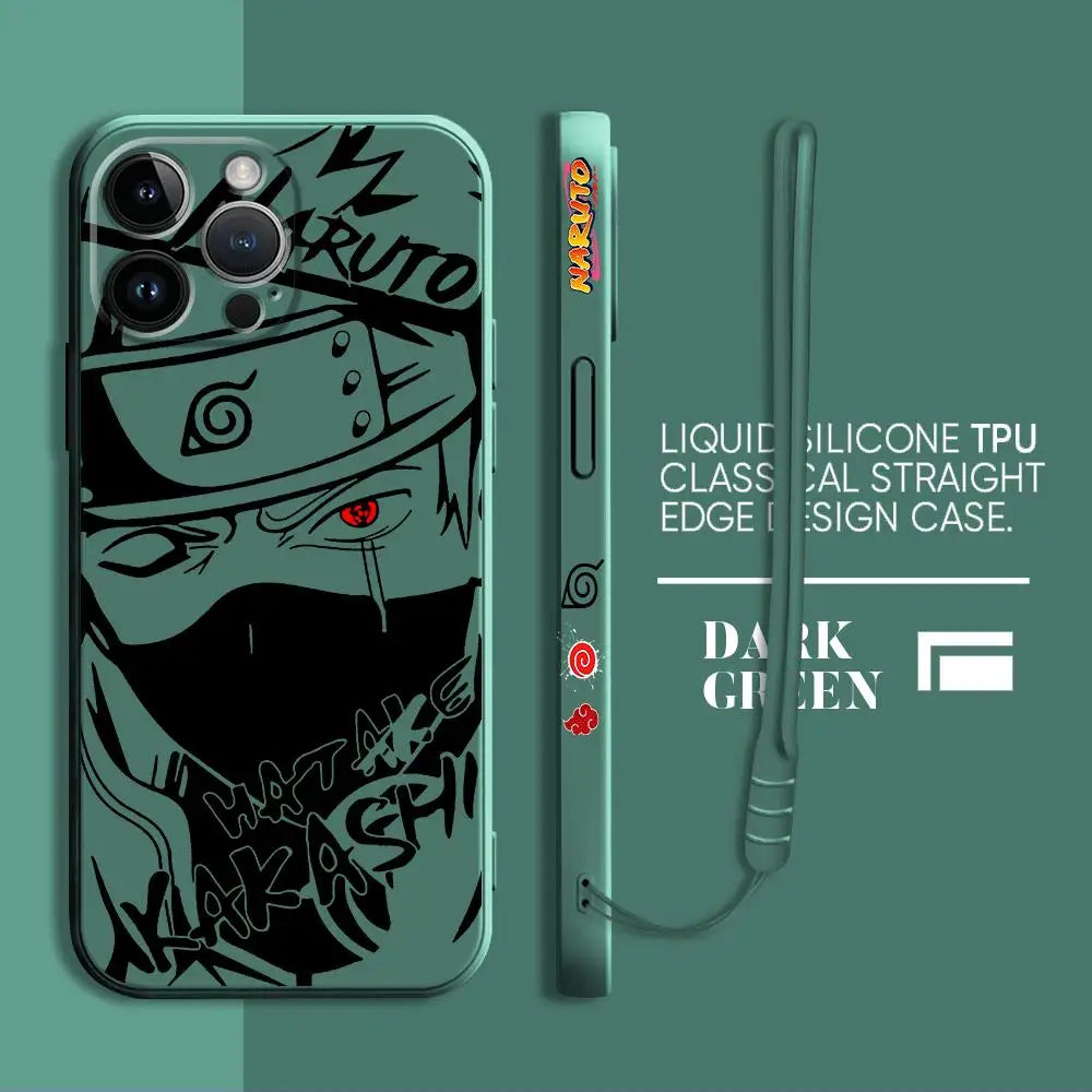 A premium Kakashi Itachi Phone Case featuring square liquid silicone design and anime art for Apple iPhone 15, 14, and 13 Pro Max.