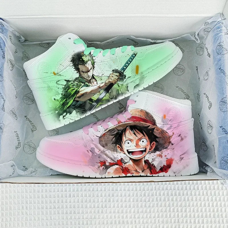 Trendy Roronoa Zoro Shoes featuring a green two-dimensional anime design, lightweight low-top sneakers for boys and men.