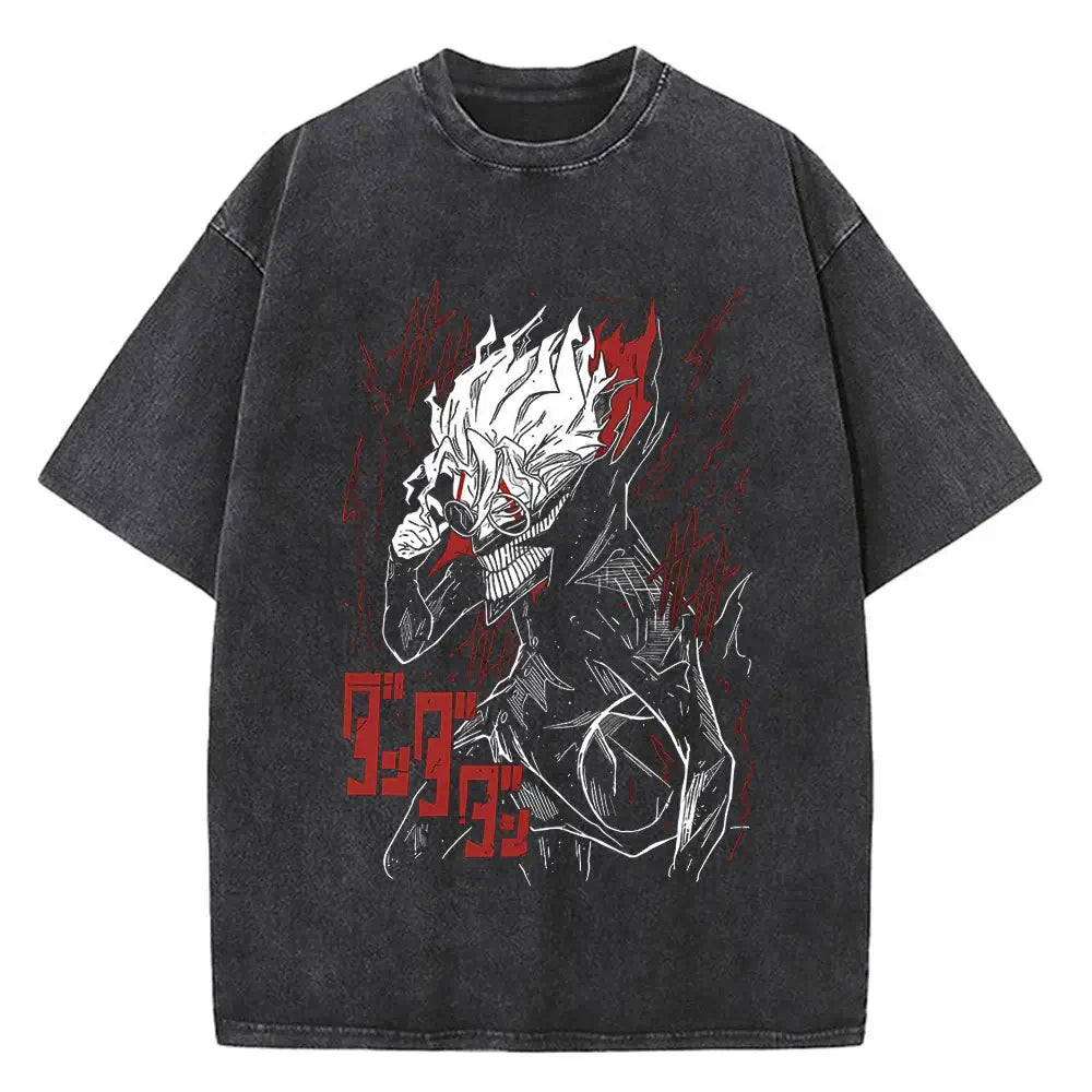A high-quality cotton men's Dandadan Okarun T-shirt with a Japanese anime cartoon print and aesthetic fashion design.