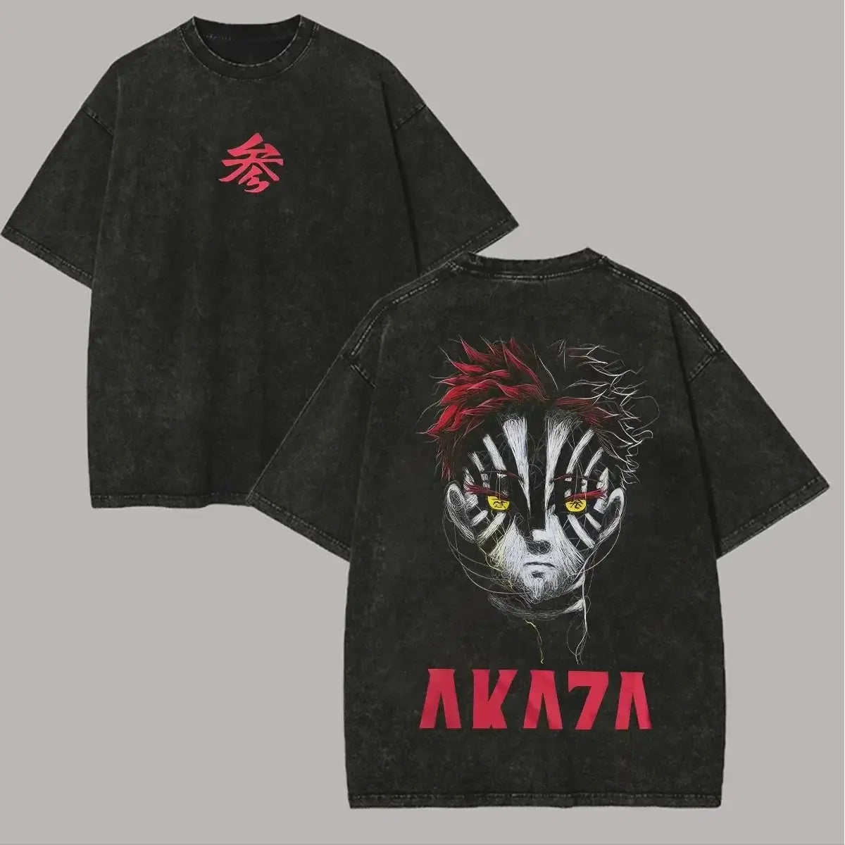 A vintage-style washed Akaza Koyuki T-shirt featuring a romantic manga graphic of Hakuji and Koyuki, oversized cotton streetwear.