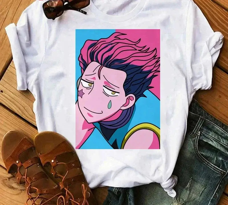 A woman wearing the casual vintage Japanese Anime Hunter X Hunter Graphic T Shirt.