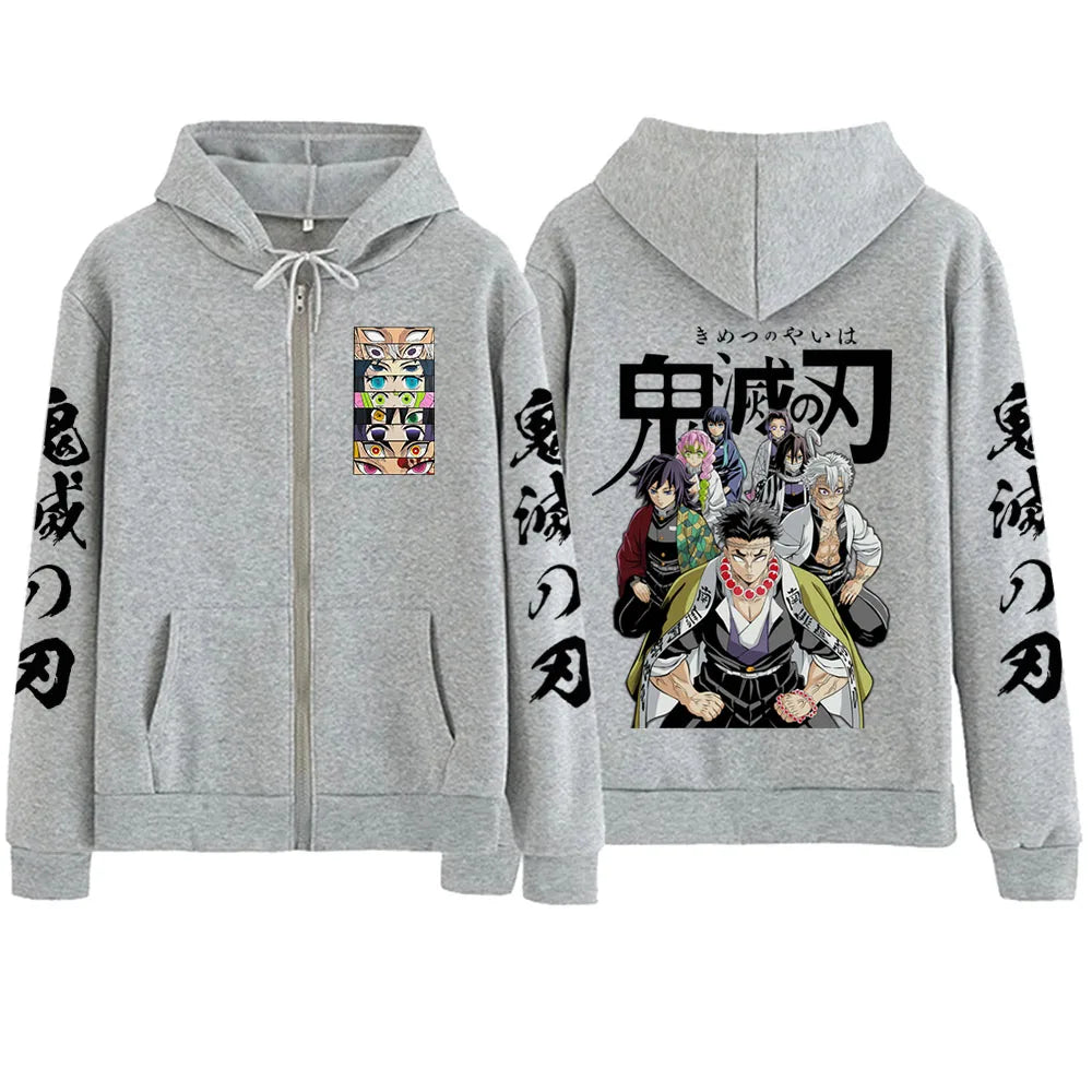 The 2025 Anime Demon Slayer Zipper Hoodie in a Harajuku streetwear pullover sweatshirt style.