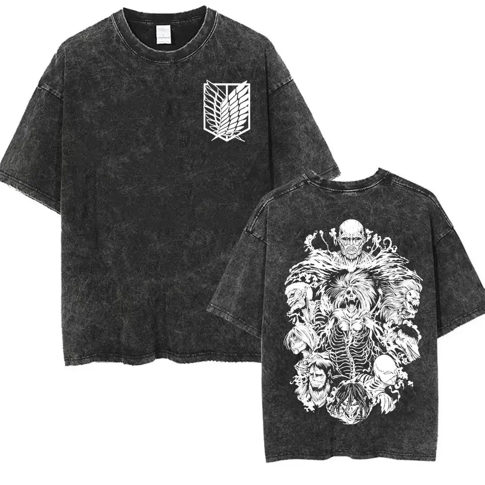 An oversized Attack on Titan Washed T-shirt featuring a vintage Levi Ackerman graphic, a stylish streetwear item for men and women.