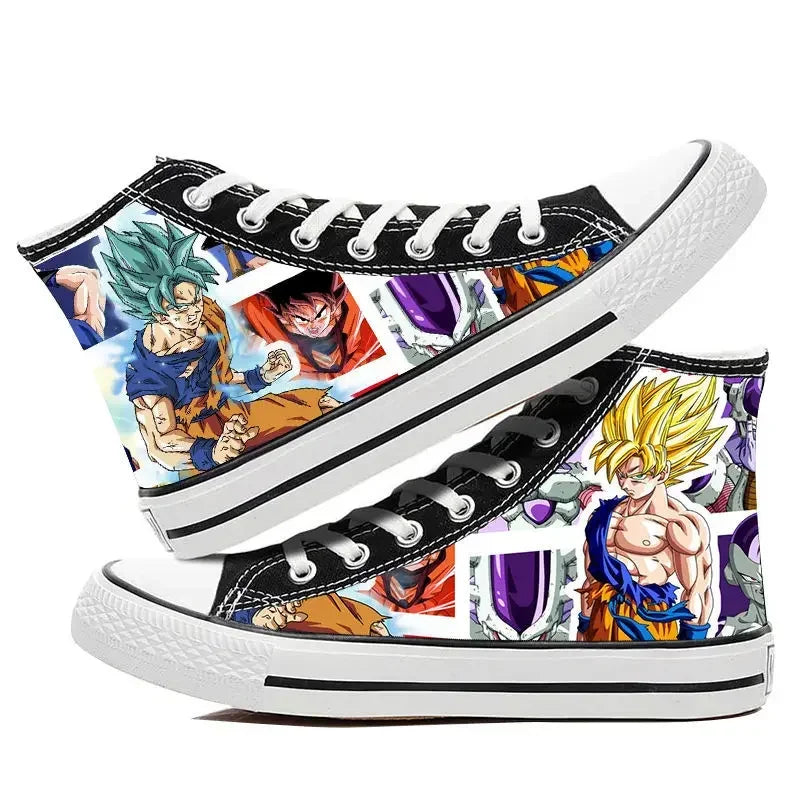 Trendy Dragon Ball High Top Canvas Shoes featuring Goku and Vegeta animation art, breathable flat sneakers for students and fans.