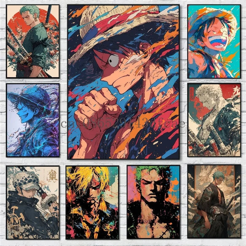 A high-quality One Piece Canvas Print featuring classic Japanese anime characters like Luffy, designed as unframed wall art for living room decoration.