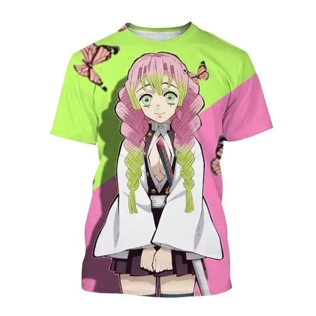 A fashion Demon Slayer Nezuko Shinobu T-shirt with a vibrant 3D print of the anime characters.
