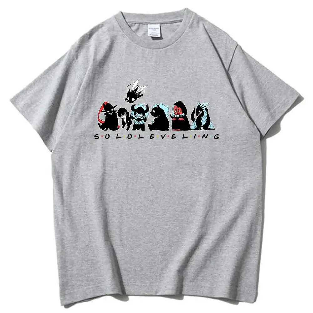 A Cute Solo Leveling T-shirt with a chibi anime design, perfect as a short sleeve O-neck gift for fans.