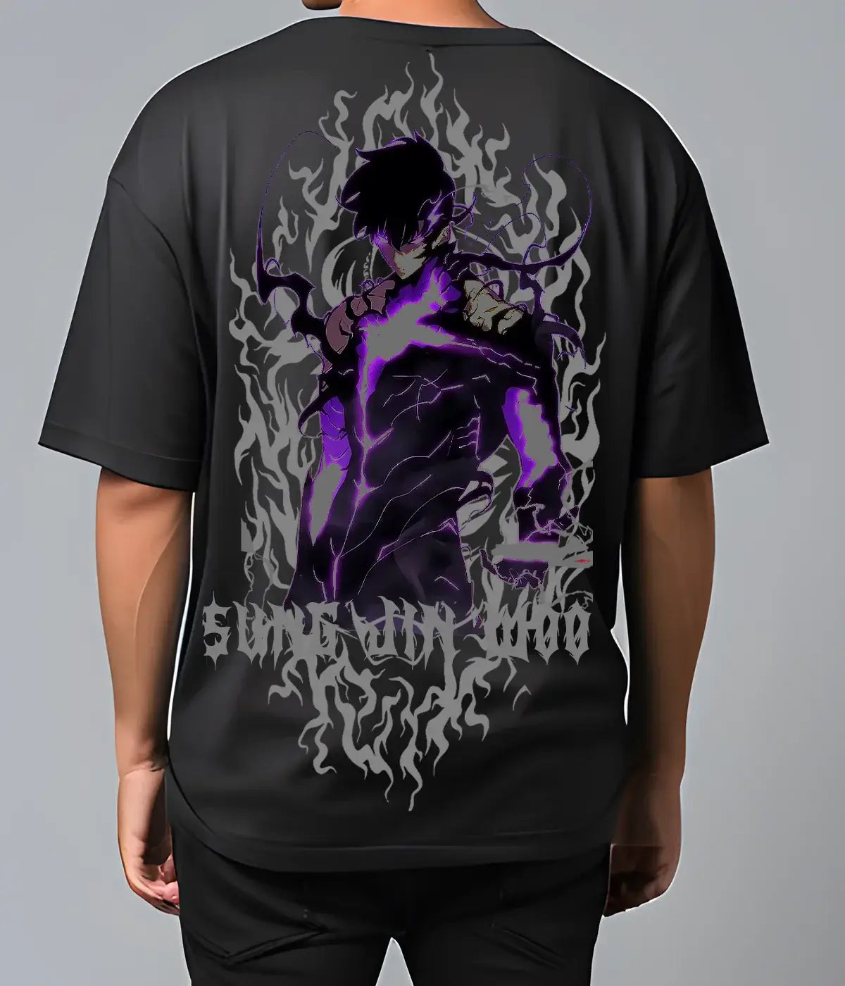 A men's Japanese Hot Amine Solo Leveling Arise Oversized Tee in a Y2K hip hop streetwear style.