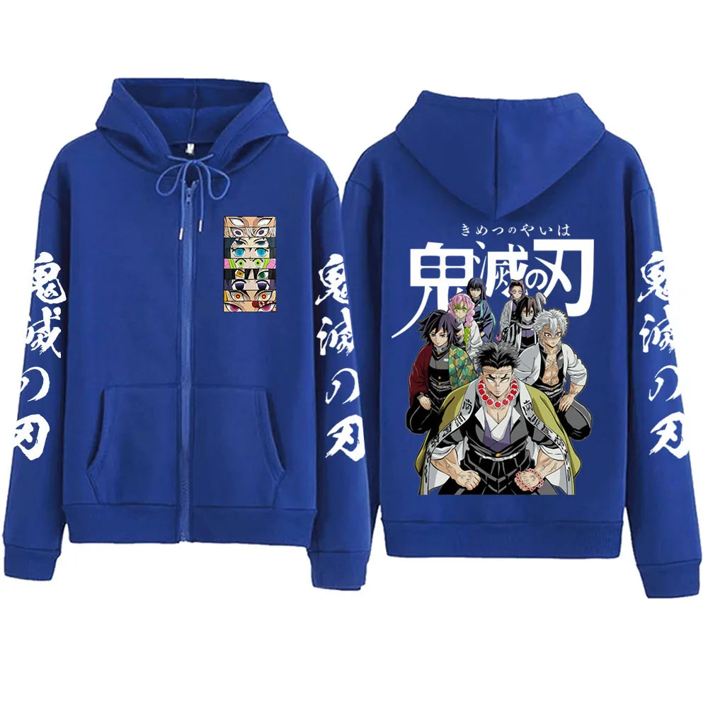 The 2025 Anime Demon Slayer Zipper Hoodie in a Harajuku streetwear pullover sweatshirt style.