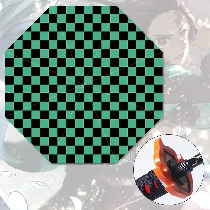 A black Tanjiro Katana Umbrella featuring a replica Nichirin sword handle and UV blocking canopy, inspired by the Demon Slayer anime.