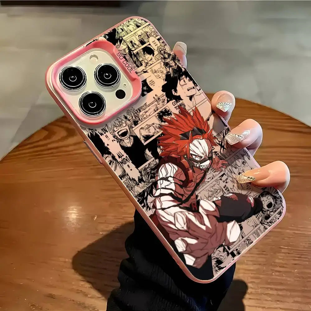 A shockproof Eijiro Kirishima Phone Case featuring a multicolor aurora laser finish and Red Riot anime art, compatible with Apple iPhone 16, 15, and 14 Pro Max.