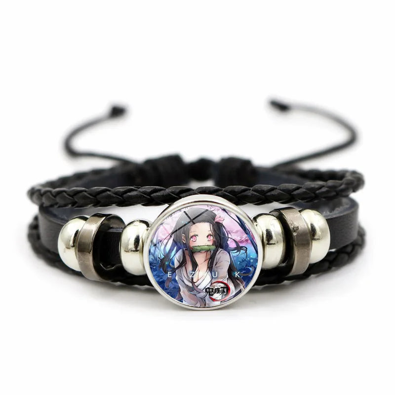 A woven leather Demon Slayer Bracelet featuring a glass art photo charm of Tanjiro Kamado and Nezuko, designed as an anime accessory for fans.