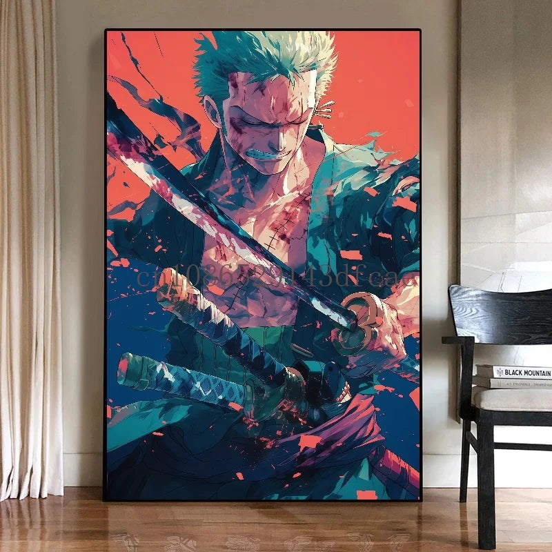 A high-quality One Piece Canvas Print featuring classic Japanese anime characters like Luffy, designed as unframed wall art for living room decoration.
