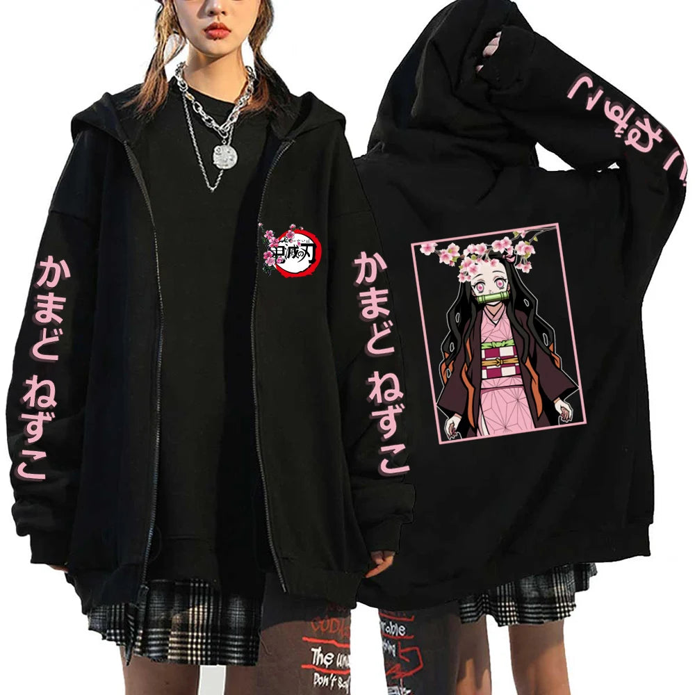A Y2K style Demon Slayer Zip Up Hoodie featuring a Nezuko Kamado graphic, unisex hip hop streetwear for men and women.
