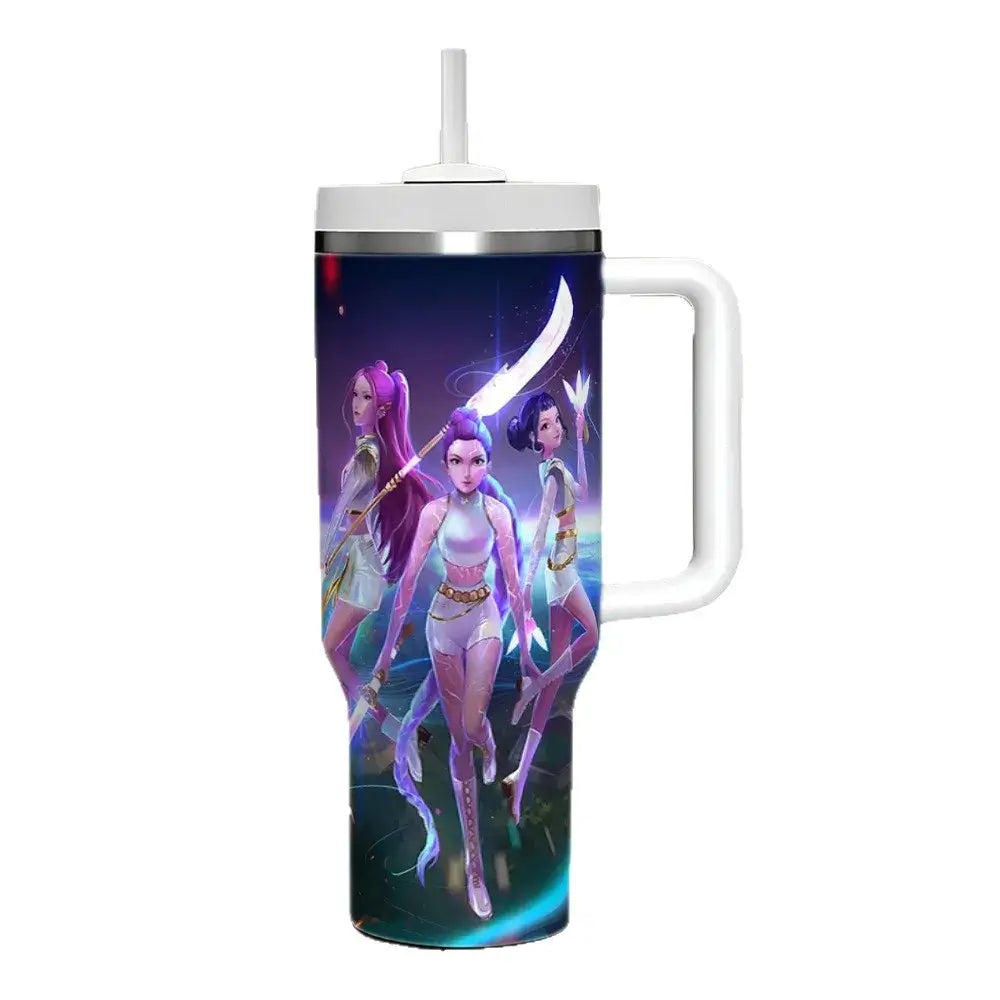 A 40oz stainless steel K-Pop Demon Hunters Cup featuring cartoon prints of anime girl group characters Rumi, Zoey, and Mira, designed for car travel.