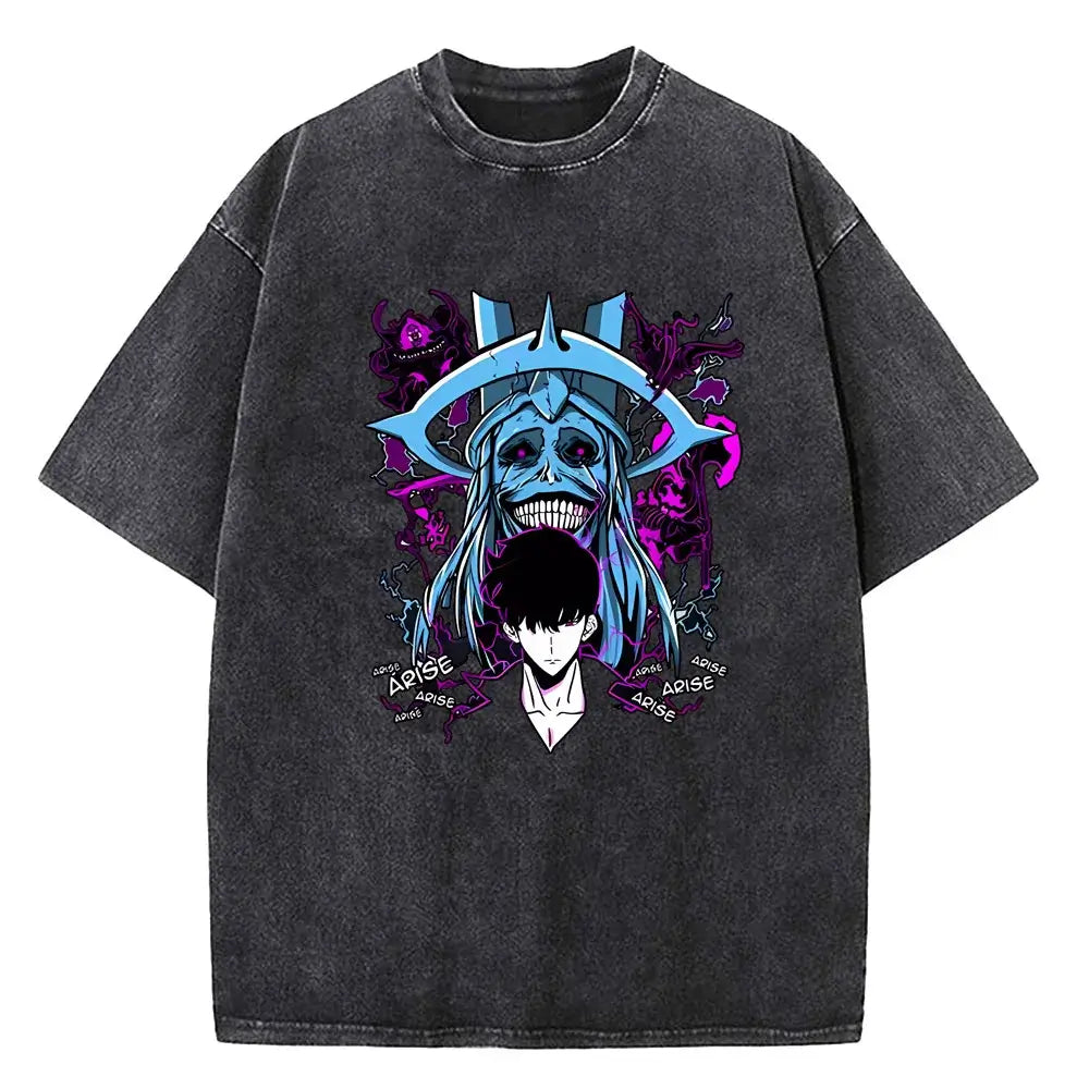 A vintage-style Solo Leveling Vintage T-shirt made of washed black cotton featuring a Sung Jinwoo graphic print, designed as Harajuku streetwear.