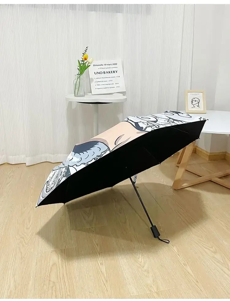An automatic One Piece Nika Luffy Fold Umbrella with a three-fold design, featuring Gear 5 anime art and black glue sunscreen.