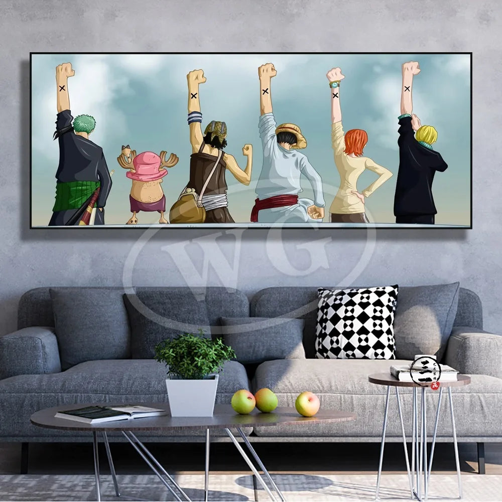A high-quality One Piece decorative painting featuring Monkey D. Luffy, Roronoa Zoro, and Portgas D. Ace as a sofa background wall hanging.