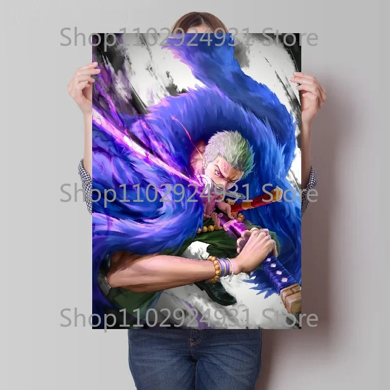 A colorful creative One Piece Luffy Zoro Poster printed on high-definition canvas, displayed as modern home wall art decoration.