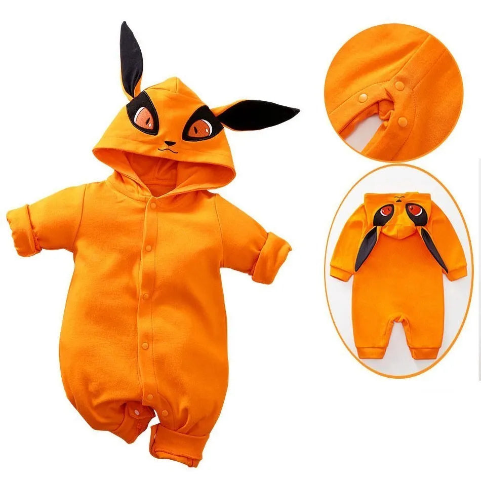 A newborn infant wearing one of the Anime Baby Rompers, a cosplay costume available in Akatsuki, Nezuko, and Tanjirou styles.