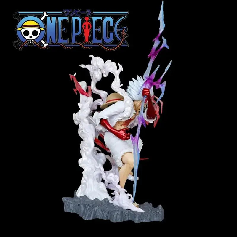 A handmade 28cm One Piece Luffy Statue featuring movable parts and lightning effects, perfect for anime desktop decoration and gifting.