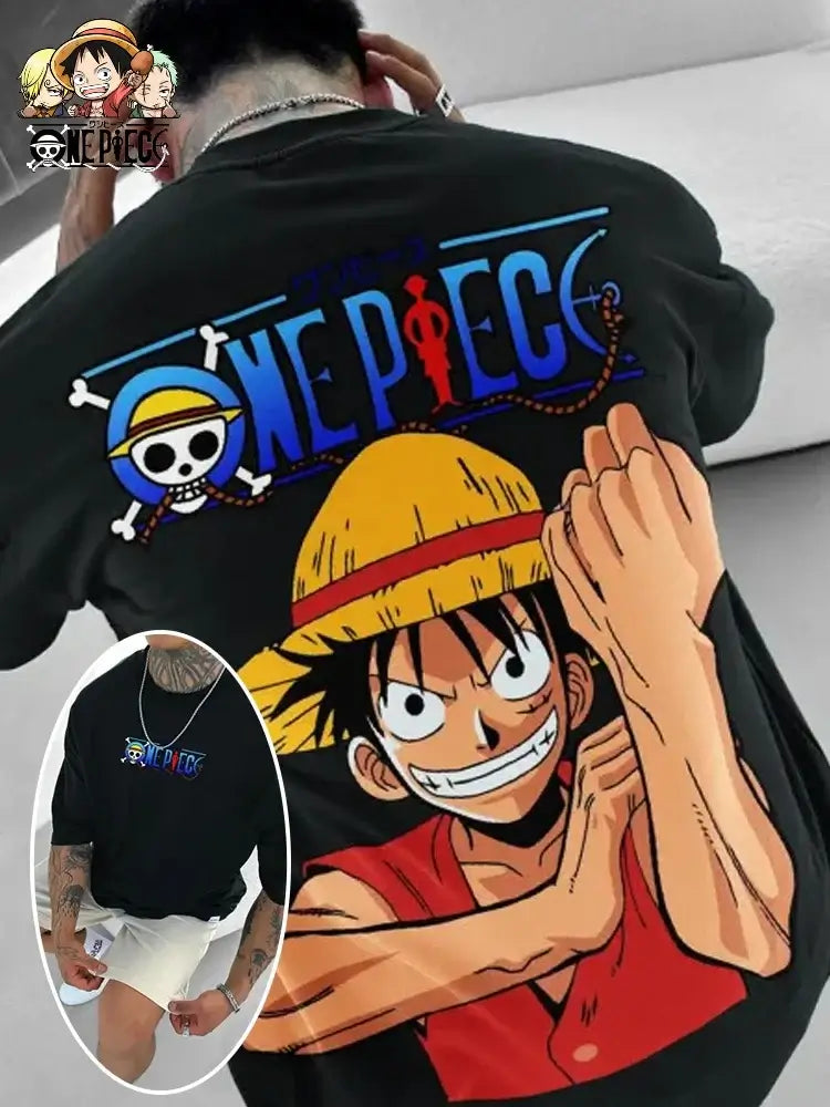 A fashionable One Piece Graphic T-Shirt in an oversized streetwear fit, featuring a high-quality anime print of Monkey D. Luffy and Roronoa Zoro.