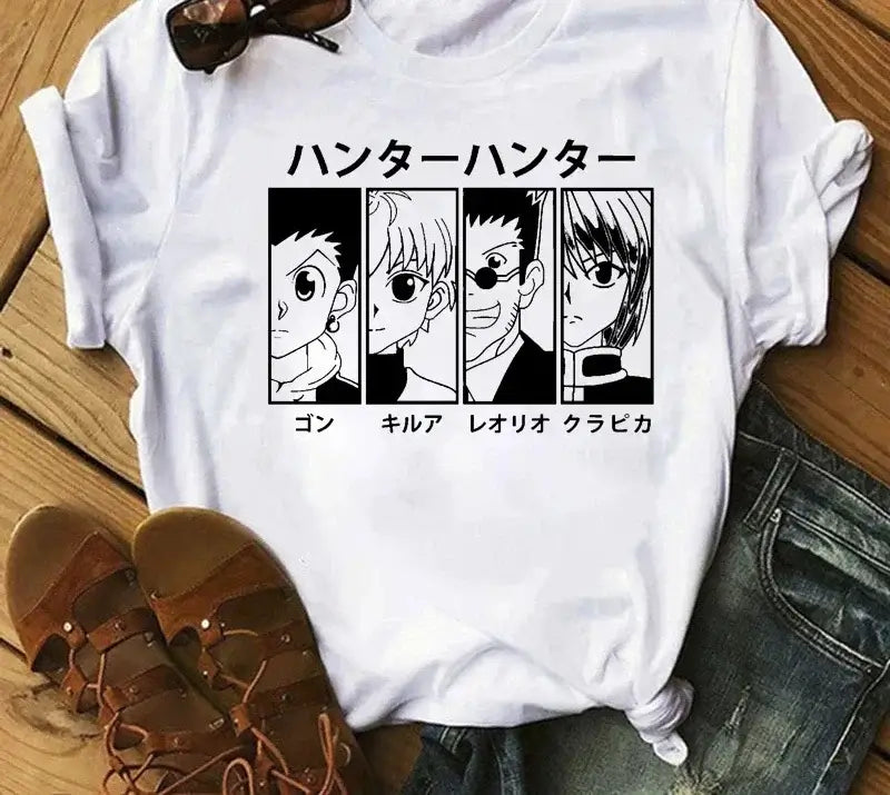 A woman wearing the casual vintage Japanese Anime Hunter X Hunter Graphic T Shirt.