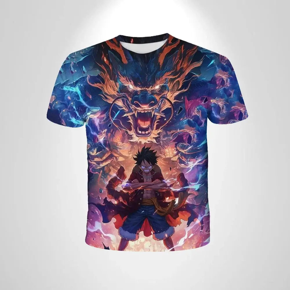 A black loose-fit One Piece Luffy T-shirt featuring a cartoon cosplay graphic of Monkey D. Luffy for men and boys.