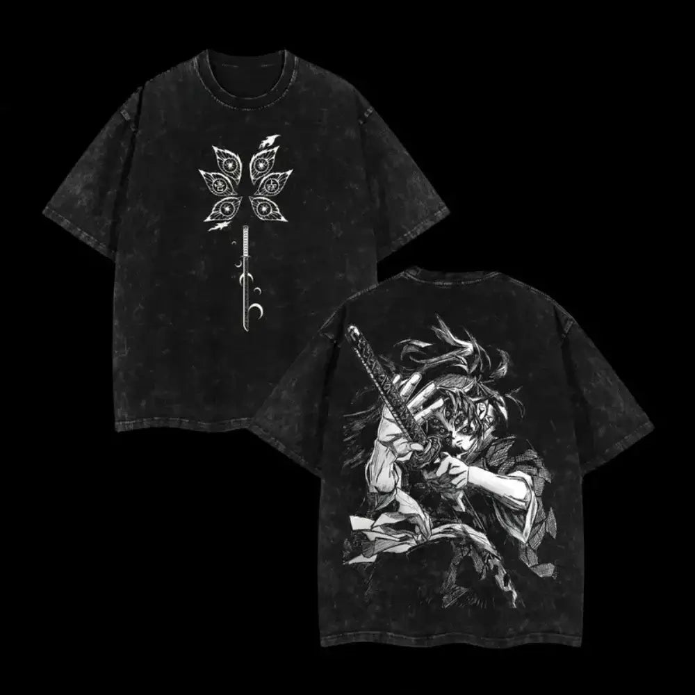 Men's vintage Demon Slayer Kokushibo T-shirt in a casual loose Harajuku style, made from washed cotton.