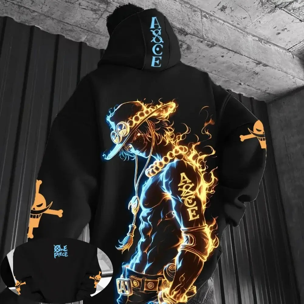 A trendy Portgas D. Ace Hoodie featuring Fire Fist anime graphics, designed as One Piece hip hop streetwear for men, boys, and children.