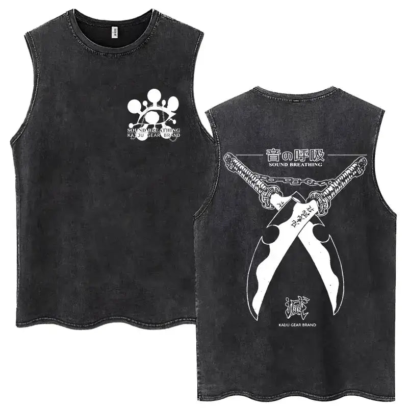 A washed retro Zenitsu Demon Slayer Tank Top featuring Agatsuma Zenitsu manga art, sleeveless cotton summer streetwear for men and women.