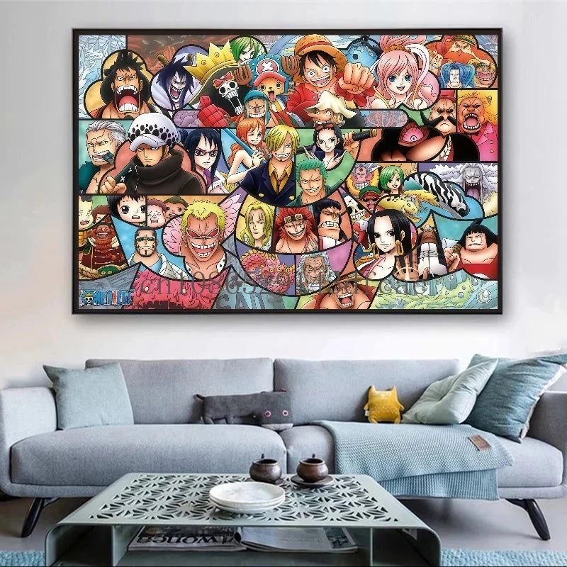 A high-definition One Piece Canvas Painting featuring Monkey D. Luffy in a watercolor art style, hanging on a modern living room wall.