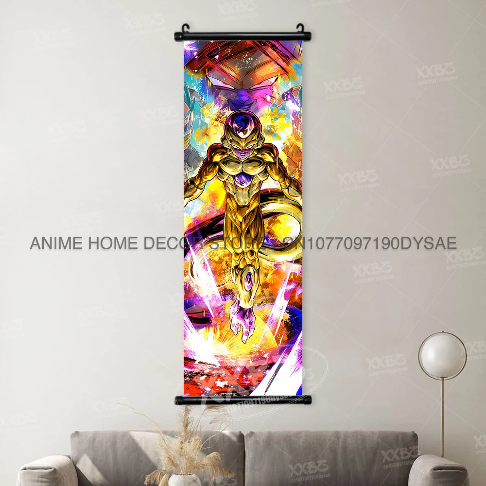 High-quality Dragon Ball Posters wall art scroll featuring Anime figures Goku, Vegeta, and Frieza for home decoration.