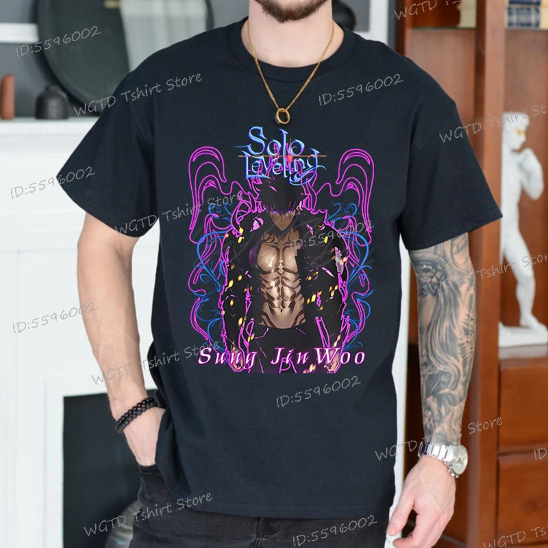 A vintage black Solo Leveling Anime T-Shirt featuring a funny Sung Jinwoo graphic print, available in sizes S to 4XL for men and women.