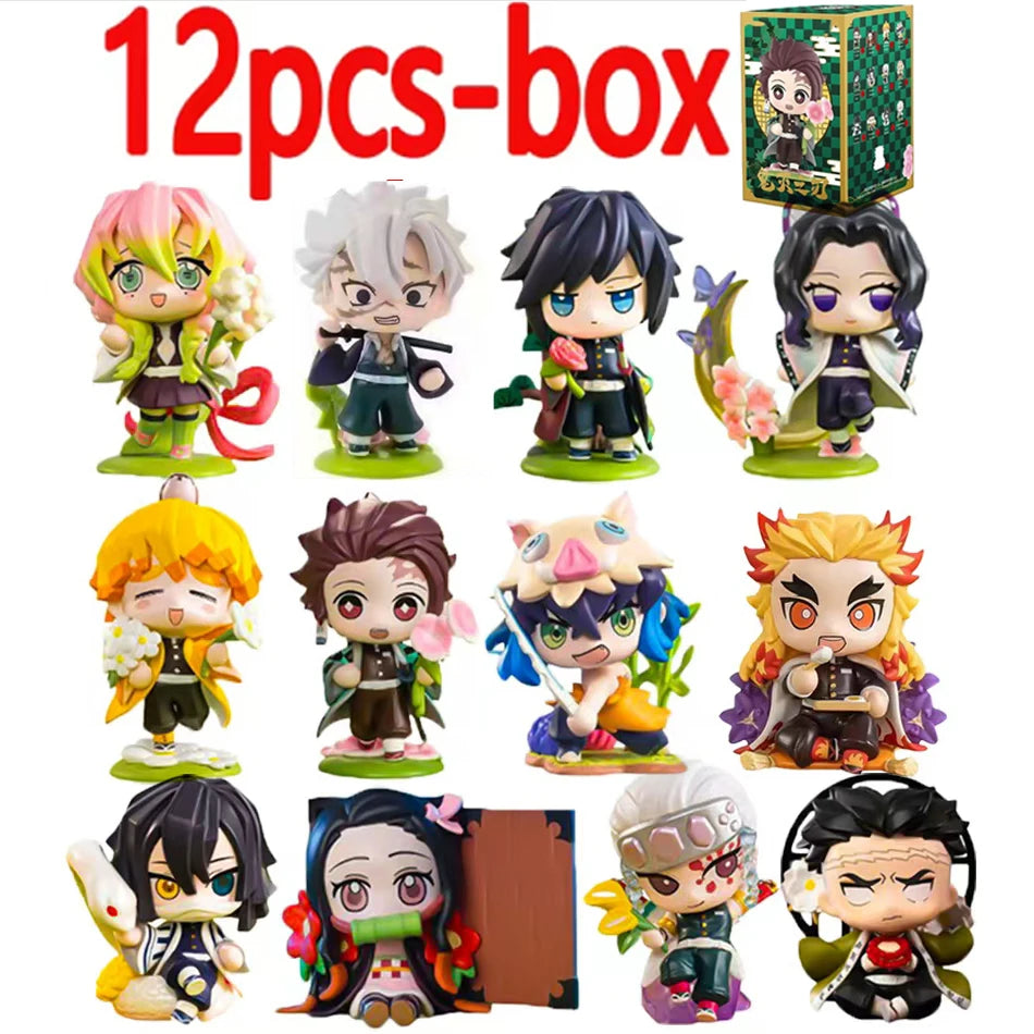 A colorful Demon Slayer Blind Box containing a random cute PVC anime figure of Tanjiro or Nezuko, used as a desktop ornament.