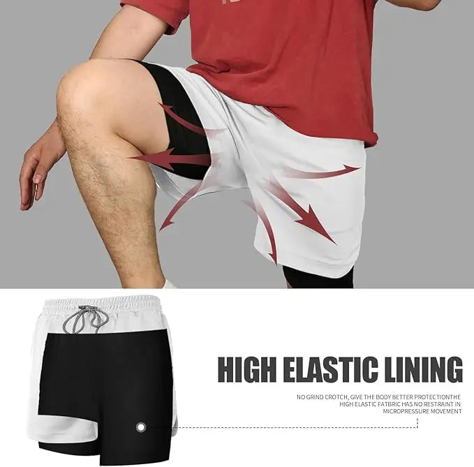 A man wearing the white One Piece Running Shorts for the gym, with a double layer and Straw Hat Crew design.