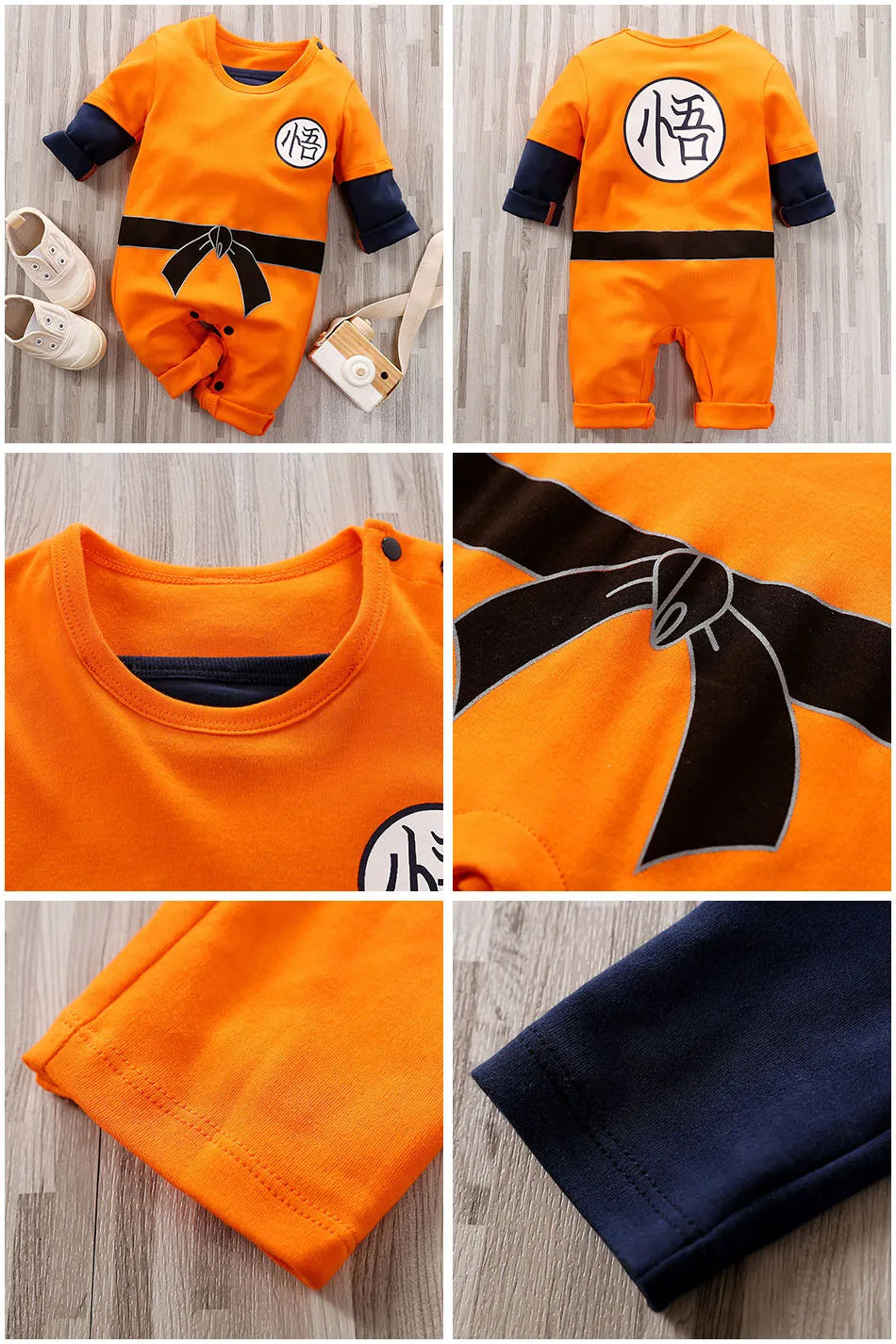 A newborn infant wearing the Baby Anime Costume, a cosplay jumpsuit available in Luffy, Akatsuki, and Vegeta styles.