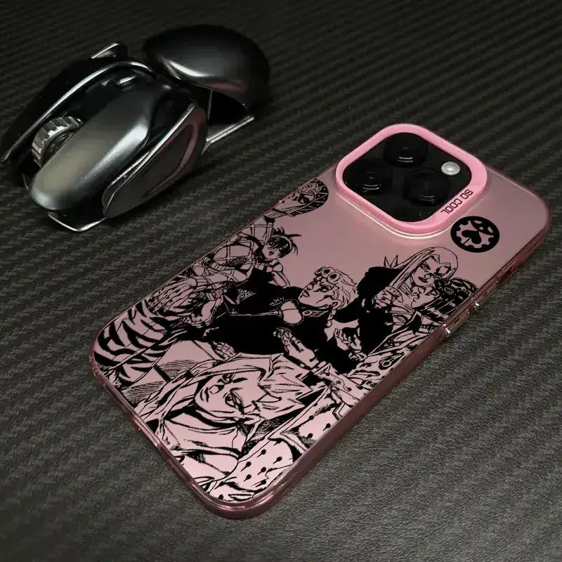 A shockproof JoJo's Bizarre Adventure Phone Case featuring colorful anime art of Jotaro and Dio, compatible with Apple iPhone 16e, 16, 15, and 14 Pro Max.