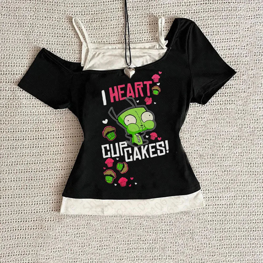 A model wearing the Y2k Clothes Women Tops, a cute cropped Harajuku top with suspenders, showcasing 2000s fashion.