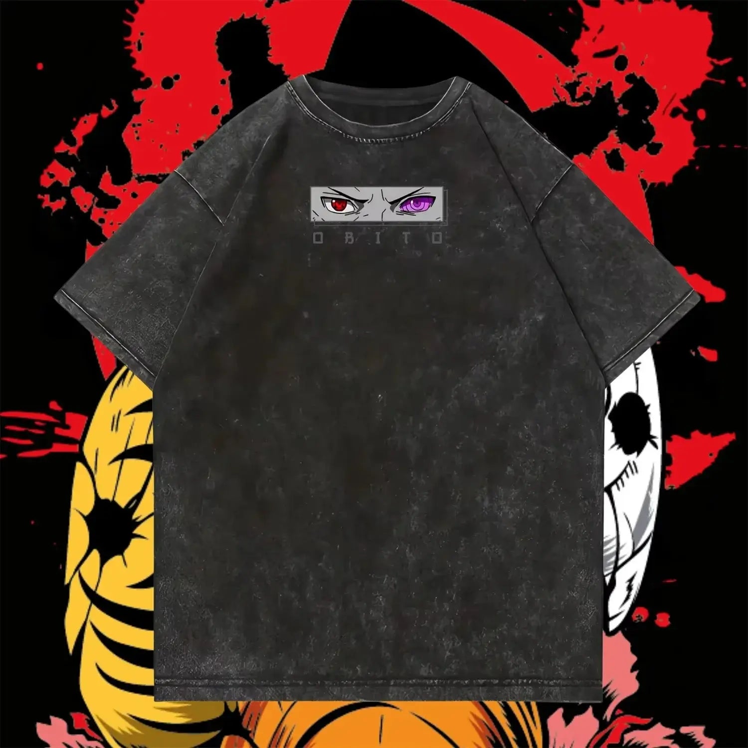 A washed black Obito Uchiha T-shirt made of cotton, featuring manga graphic art and an oversized Y2K streetwear fit for men and women.